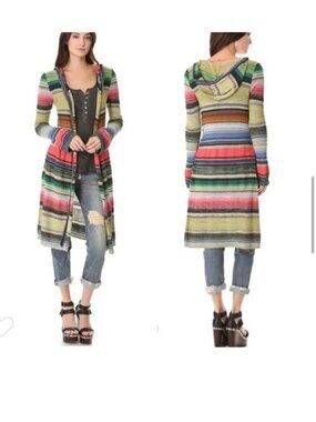 FREE PEOPLE SERAPE HOODED KNIT DUSTER CARDIGAN SWEATER RAINBOW STRIPED SIZE SP